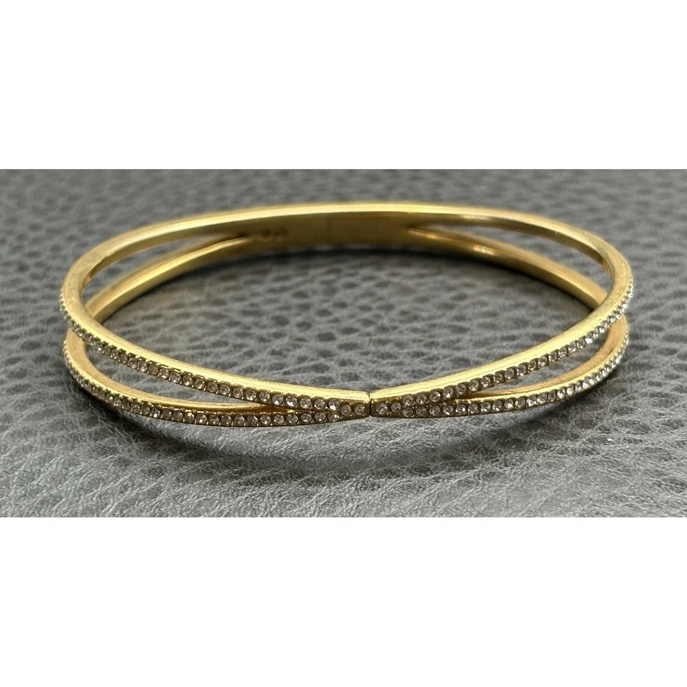Nordstrom Gold Tone Crossover Bangle Bracelet Clear Cubic Zirconia Hinged